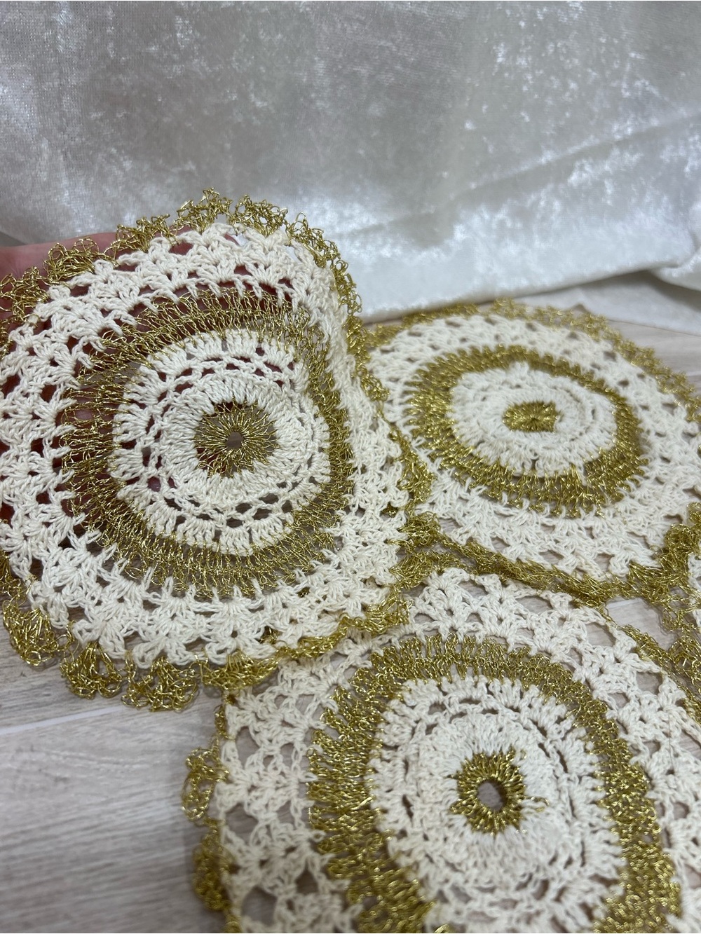 Set of 4 Handmade Crochet Doilies Cream Gold Metallic Thread 5.5”